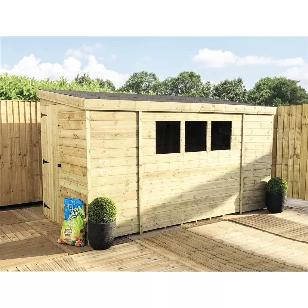 12 x 5 Reverse Pressure Treated T&G Pent Shed With 3 Windows, Single Door