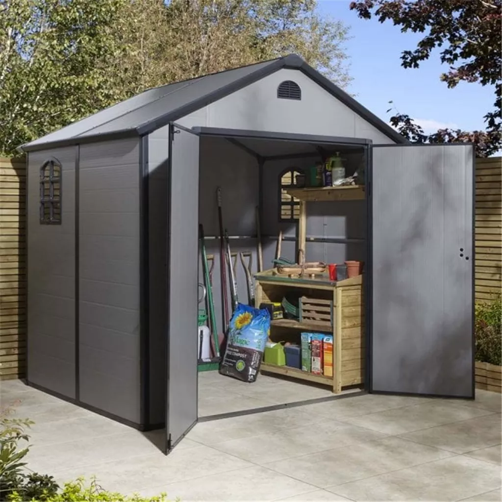8ft x 6ft Deluxe Stratton Plastic Shed Double Door Apex Shed With Assembly & Foundation Kit - Light Grey