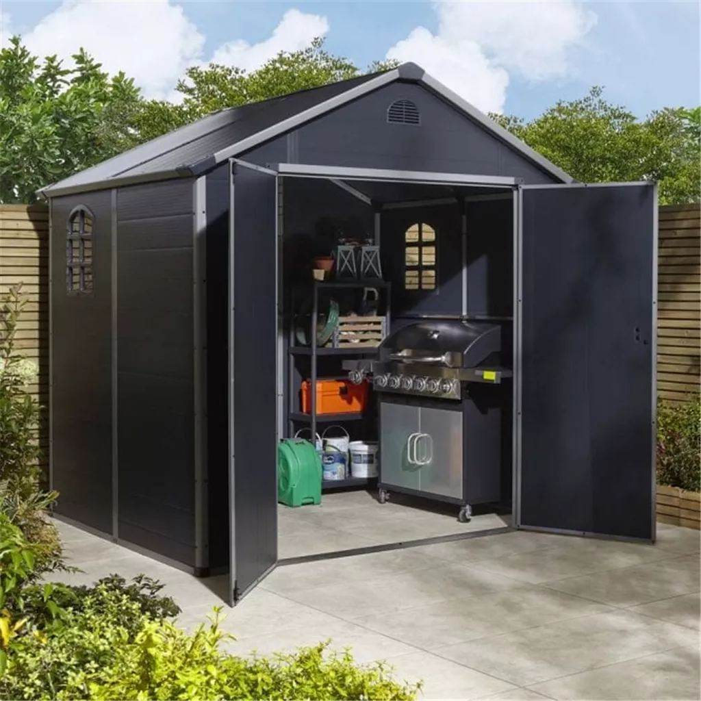 8ft x 6ft Deluxe Stratton Plastic Shed Double Door Apex Shed With Assembly - Dark Grey