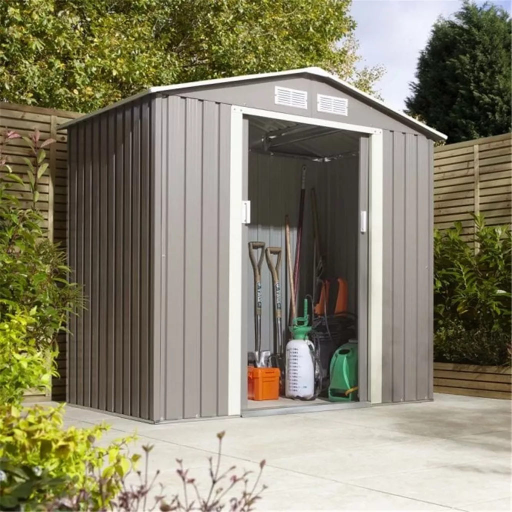6 x 4 Deluxe Ironwood Metal Apex Shed – Double Door, Assembly & Foundation Kit – Light Grey