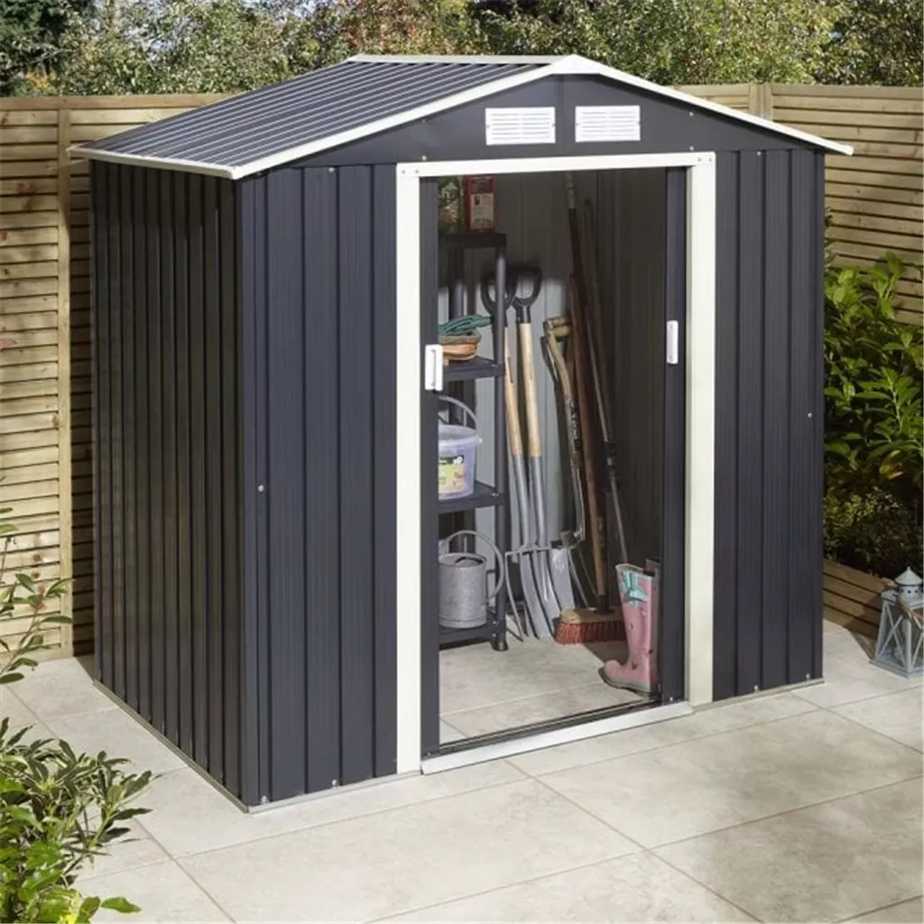 6 x 4 Deluxe Ironwood Metal Apex Shed – Double Door, Assembly – Dark Grey