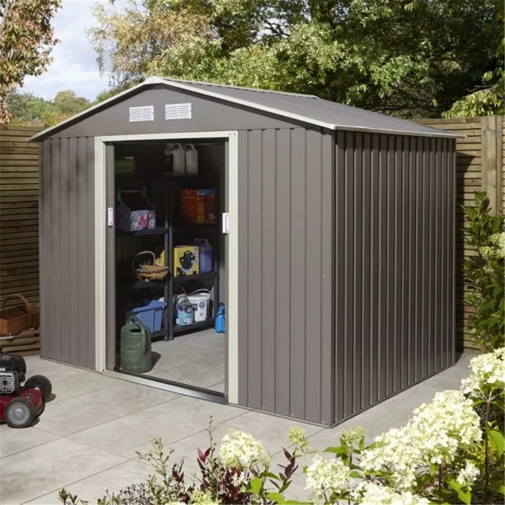 8 x 6 Deluxe Ironwood Metal Apex Shed – Double Door & Foundation Kit – Light Grey