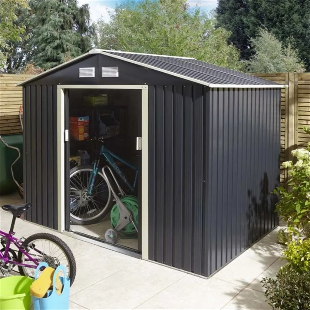 8 x 6 Deluxe Ironwood Metal Apex Shed – Double Door & Foundation Kit – Dark Grey