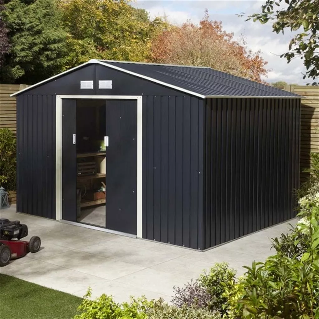 10 x 8 Deluxe Ironwood Metal Apex Shed – Double Door, Assembly – Dark Grey