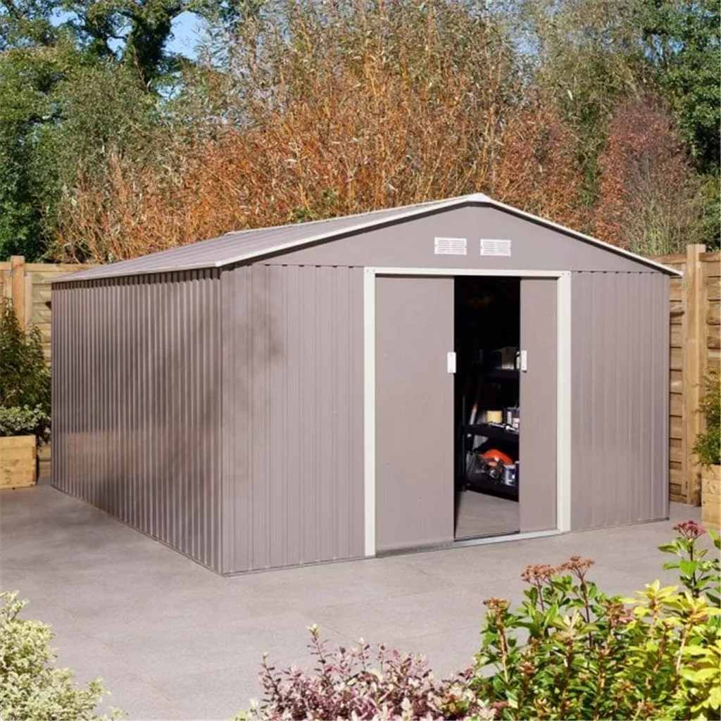 10 x 12 Deluxe Ironwood Metal Apex Shed – Double Door, Assembly – Light Grey