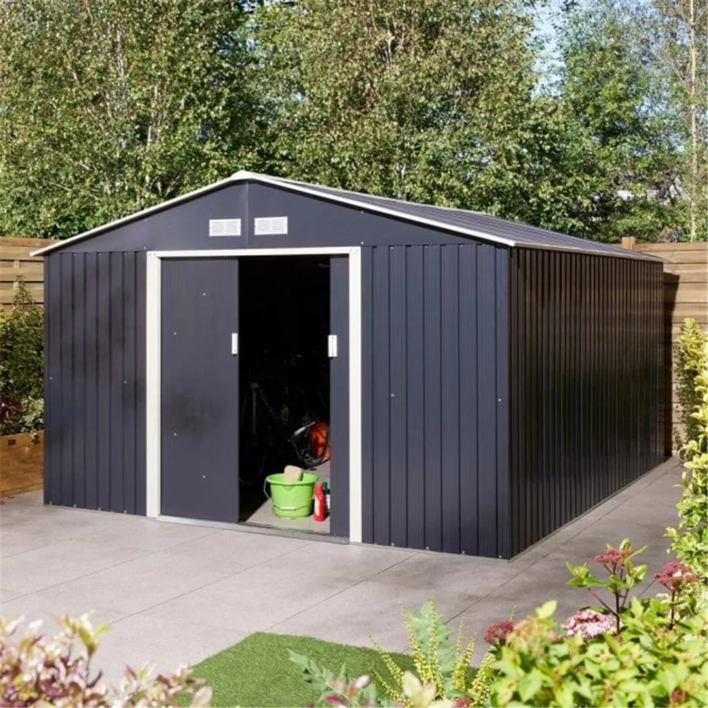 10 x 12 Deluxe Ironwood Metal Apex Shed – Double Door, Assembly & Foundation Kit – Dark Grey