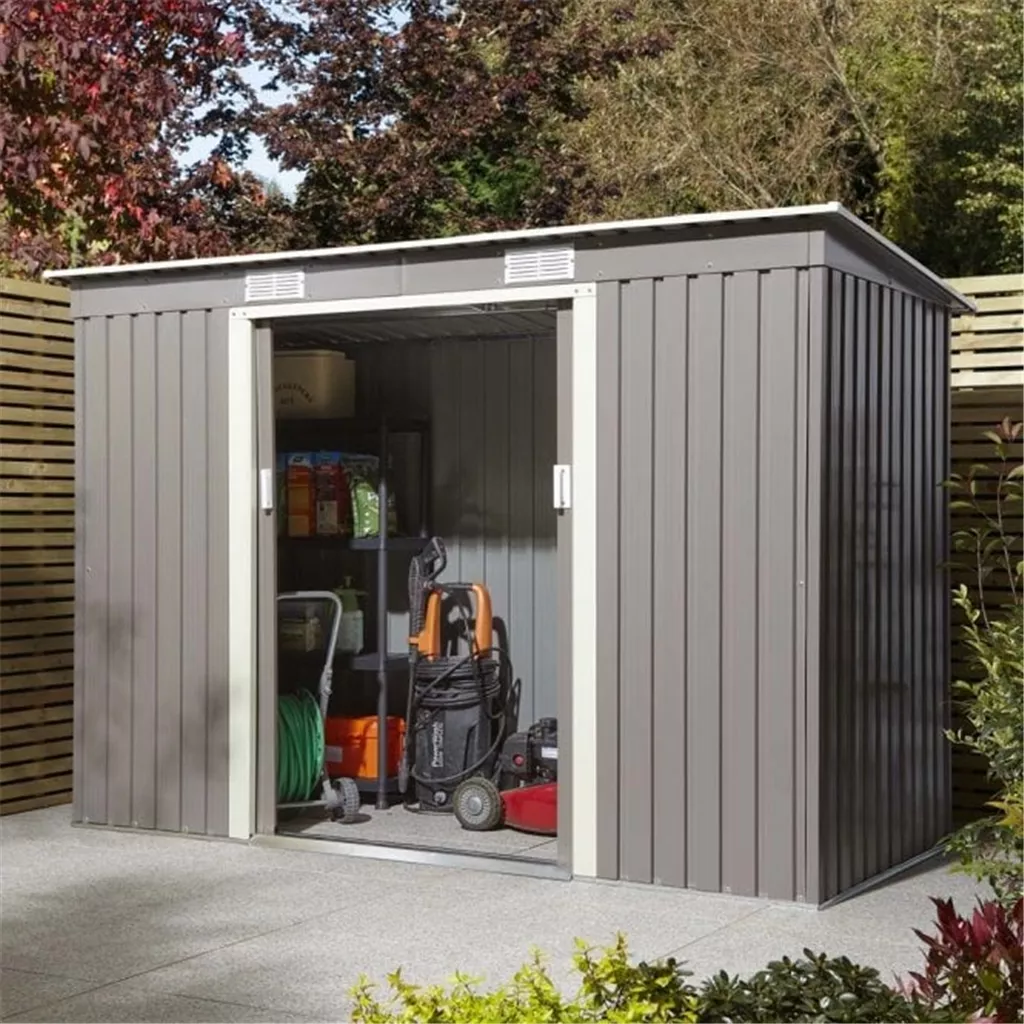 8 x 4 Deluxe Ironwood Metal Pent Shed – Single Door, Assembly – Light Grey