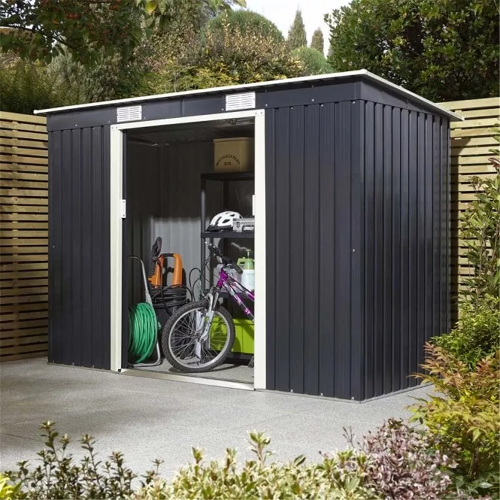 8 x 4 Deluxe Ironwood Metal Pent Shed – Single Door, Assembly & Foundation Kit – Dark Grey