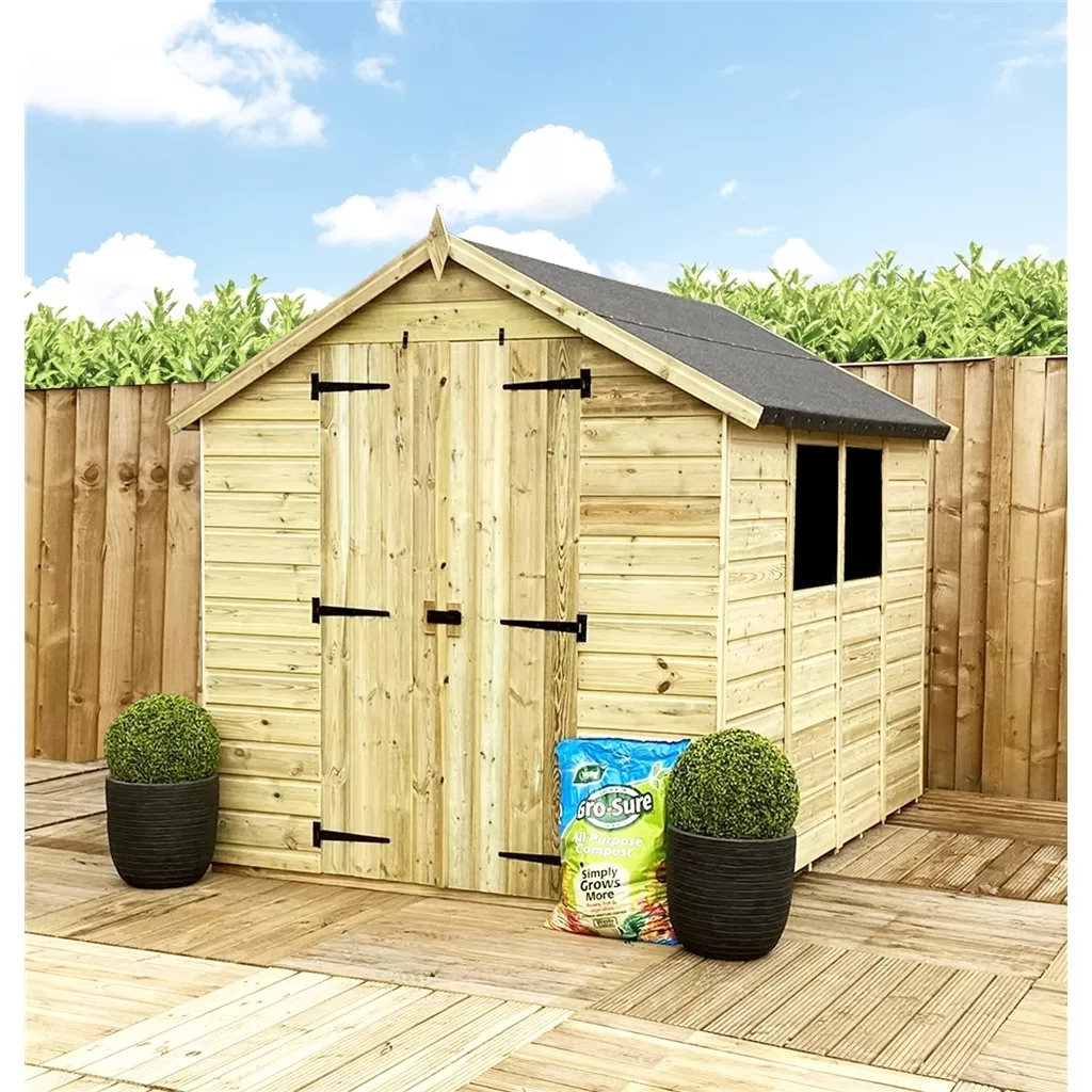 8 x 5 Pressure Treated T&G Apex Shed + Double Doors + Low Eaves + 2 Windows