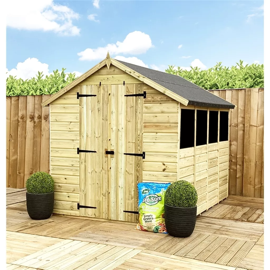 14 x 5 T&G Apex Shed + Double Doors + Low Eaves + 4 Windows