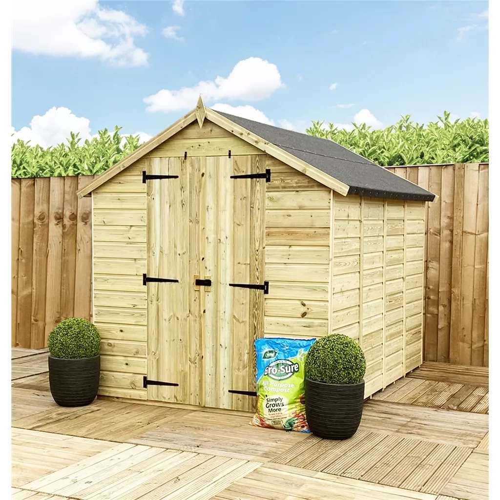 13 x 8 Windowless Pressure Treated T&G Apex Shed + Double Doors + Low Eaves