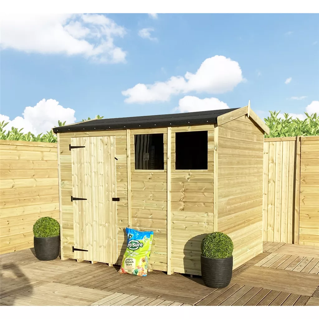 8 x 6 Reverse Pressure Treated T&G Single Door Apex Shed – High Eaves+ 2 Windows
