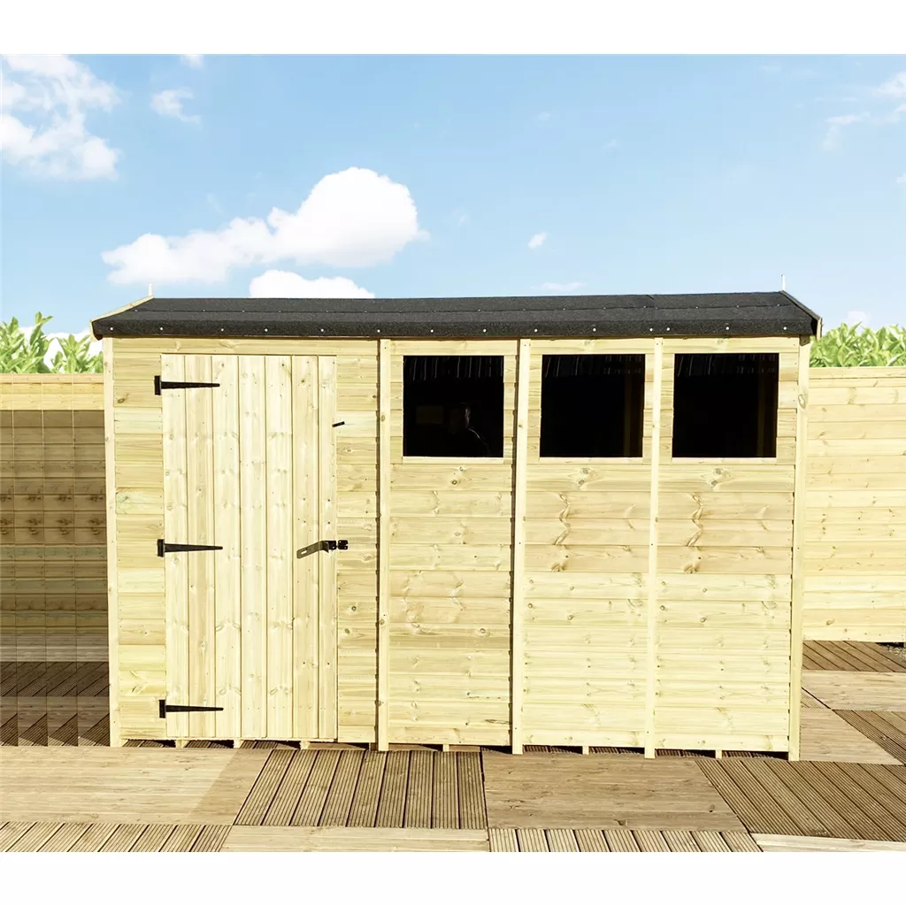 10 x 6 Reverse Pressure Treated T&G Single Door Apex Shed – High Eaves+ 3 Windows