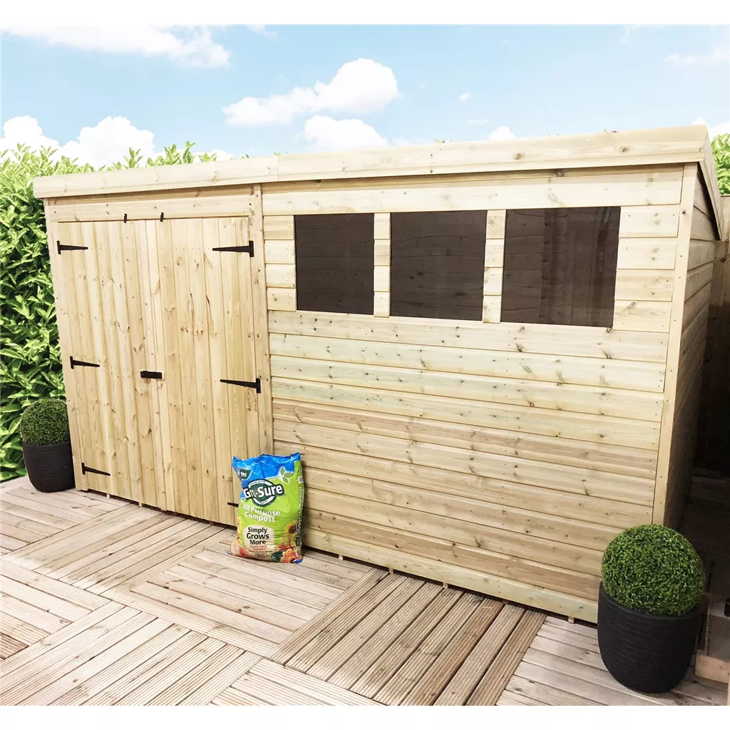 12 x 7 Pressure Treated T&G Pent Shed With 3 Windows, Double Door
