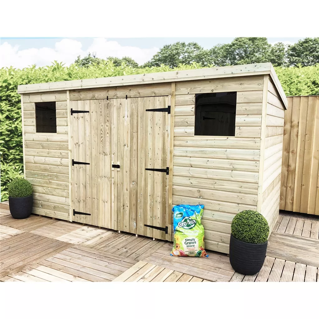 12 x 7 Large Pressure Treated T&G Pent Shed With 2 Windows, Double Door (centre)