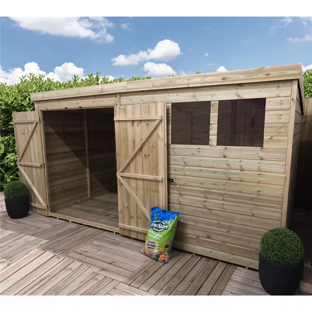 12 x 8 Large Pressure Treated T&G Pent Shed With 3 Windows, Double Door product image