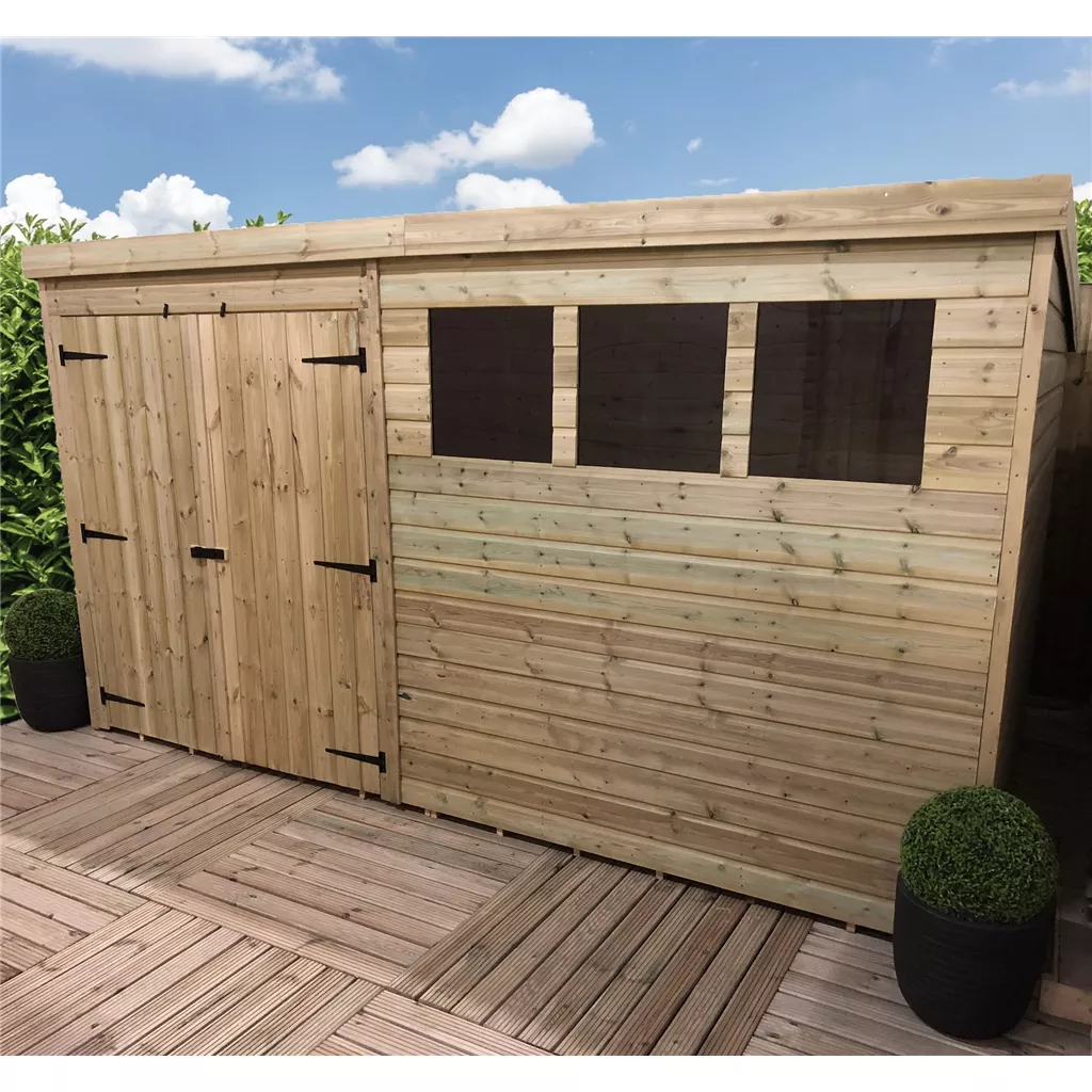 14 x 7 Large Pressure Treated T&G Pent Shed With 3 Windows, Double Door product image