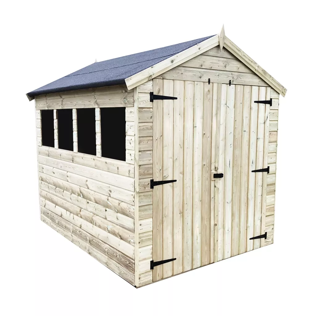 8 x 8 Premier Pressure Treated T&G Apex Shed – Higher Eaves, 4 Windows, Double Door product image