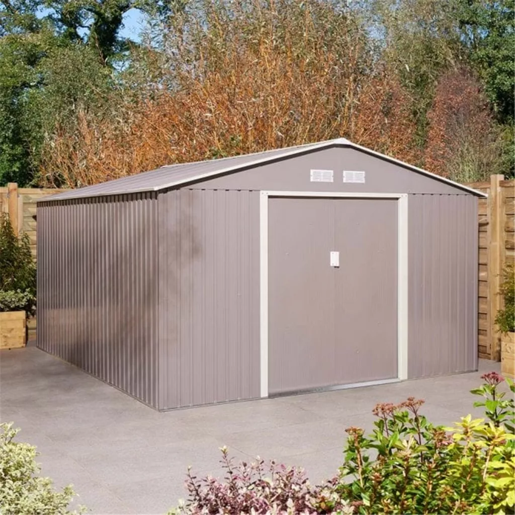 10 x 12 Deluxe Ironwood Metal Apex Shed – Double Door, Assembly – Light Grey product image
